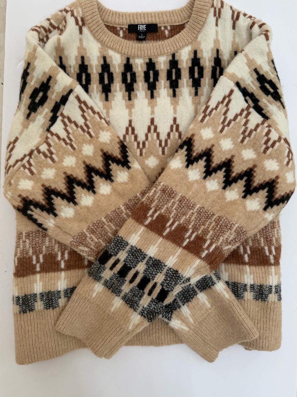 Frye Tan and Cream Fair Isle Crewneck Sweater Size Large